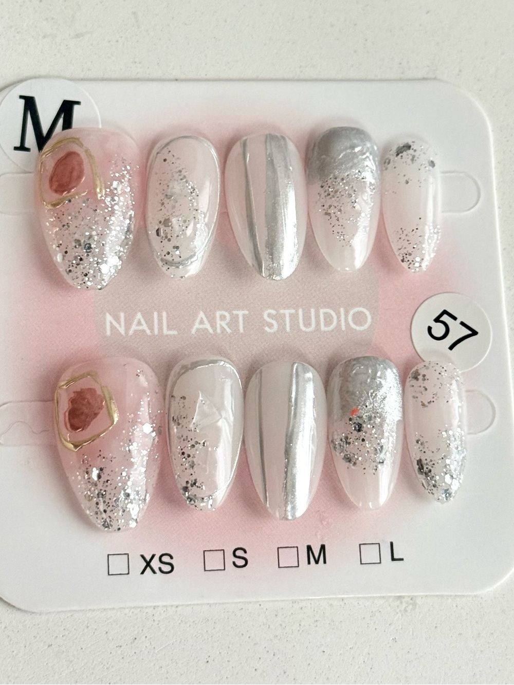 Handmade Pink & Silver Press-On Nail Set Short Almond Size M